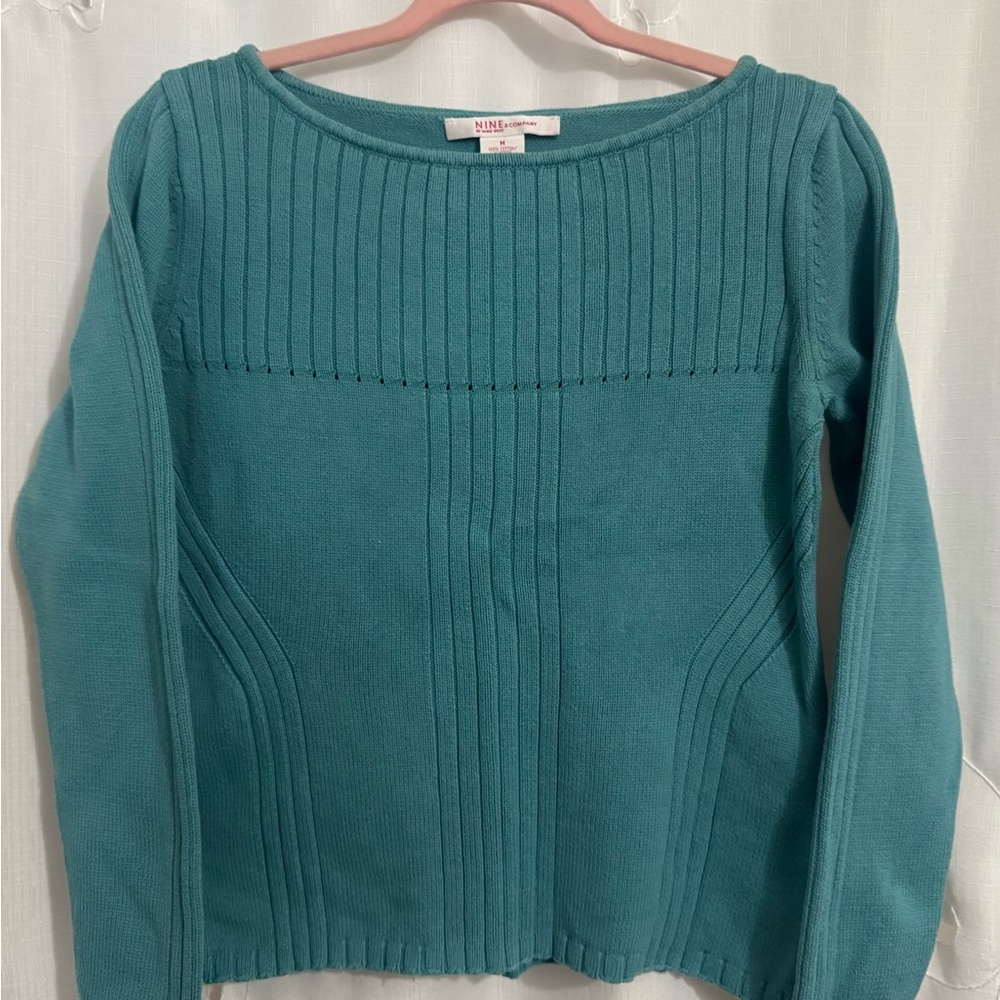 Vintage Nine West Brand, Seafoam Blue Knit Sweater, Pointelle and Ribbed Accents